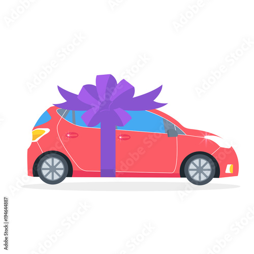 Poster with red machine and ribbon. Car gift concept or presentation of  auto for sale, rent,. Flat vector illustration.