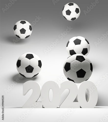 2020 bold letters soccer football balls 3d rendering