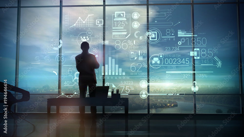Silhouette of the man in the office and corporate infographic - obrazy, fototapety, plakaty 