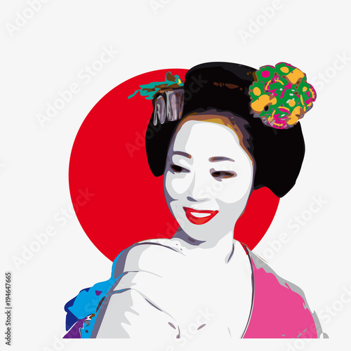 Illustration of japanese geisha in front of japanese flag