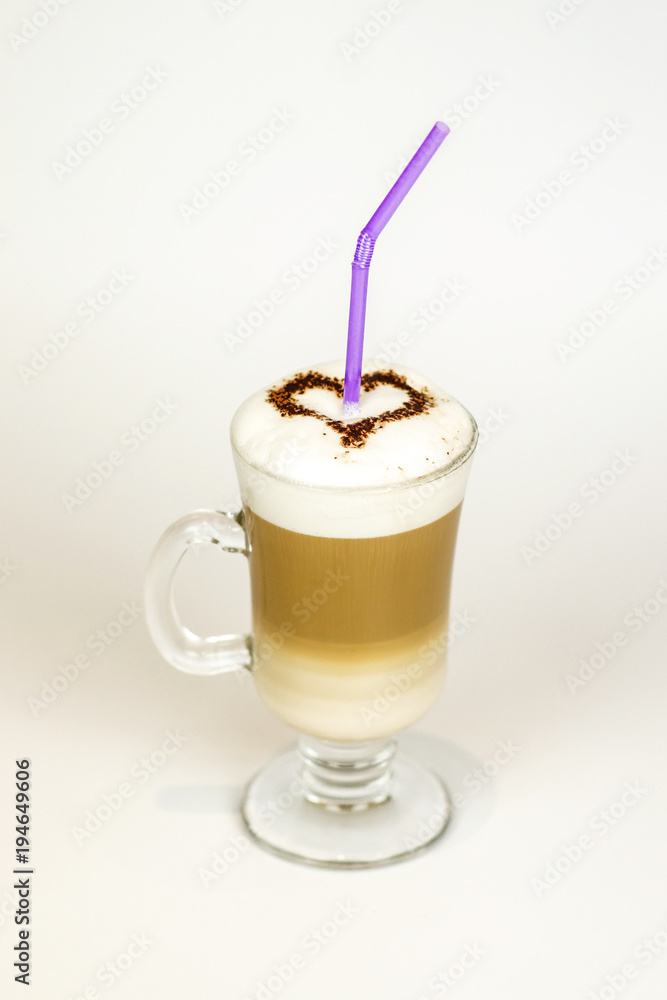 latte in high glass with foam on white background latte in high glass with foam on white background