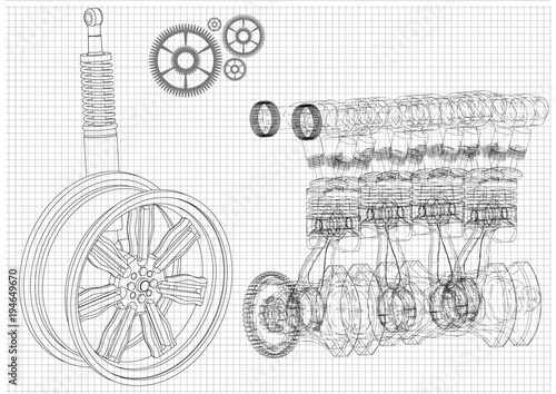 Engine and car wheel on a white background