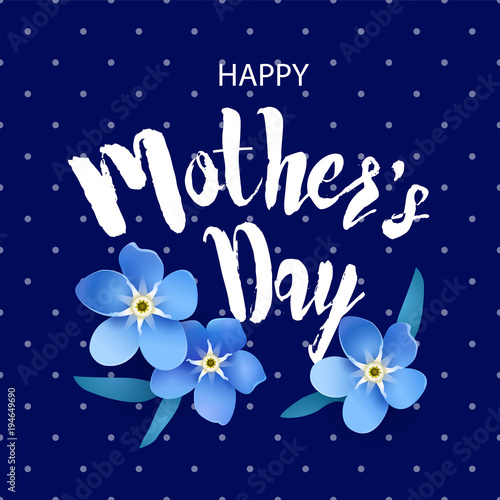 Greeting card in polka dot for Mother's day with forget-me-not on blue background. Vector floral banner.