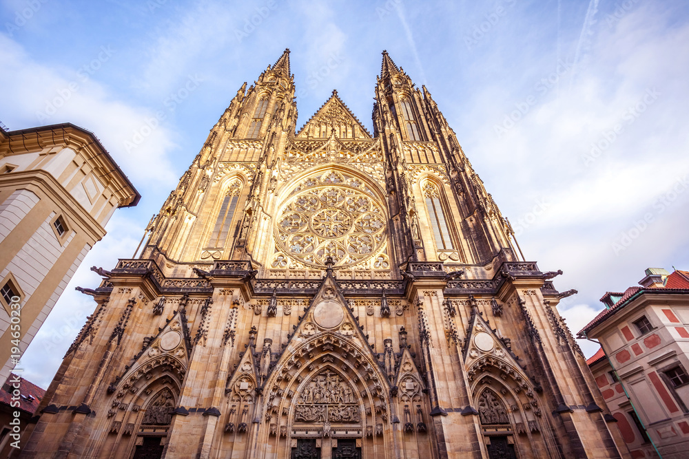 Front view of the main entrance to the St. Vitus cathedral in Prague Castle in Prague, Czech Republic.