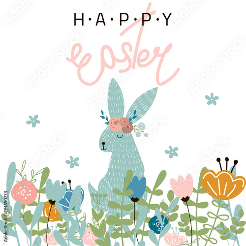 Happy Easter greeting card with bunny and flowers. Vector hand drawn illustration.