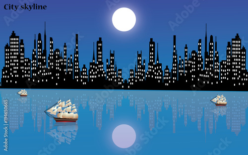 Vector illustration. Silhouette of the city in a flat style. Modern cityscape. Carablik on the sea. Otdikh, the sea and travel. photo