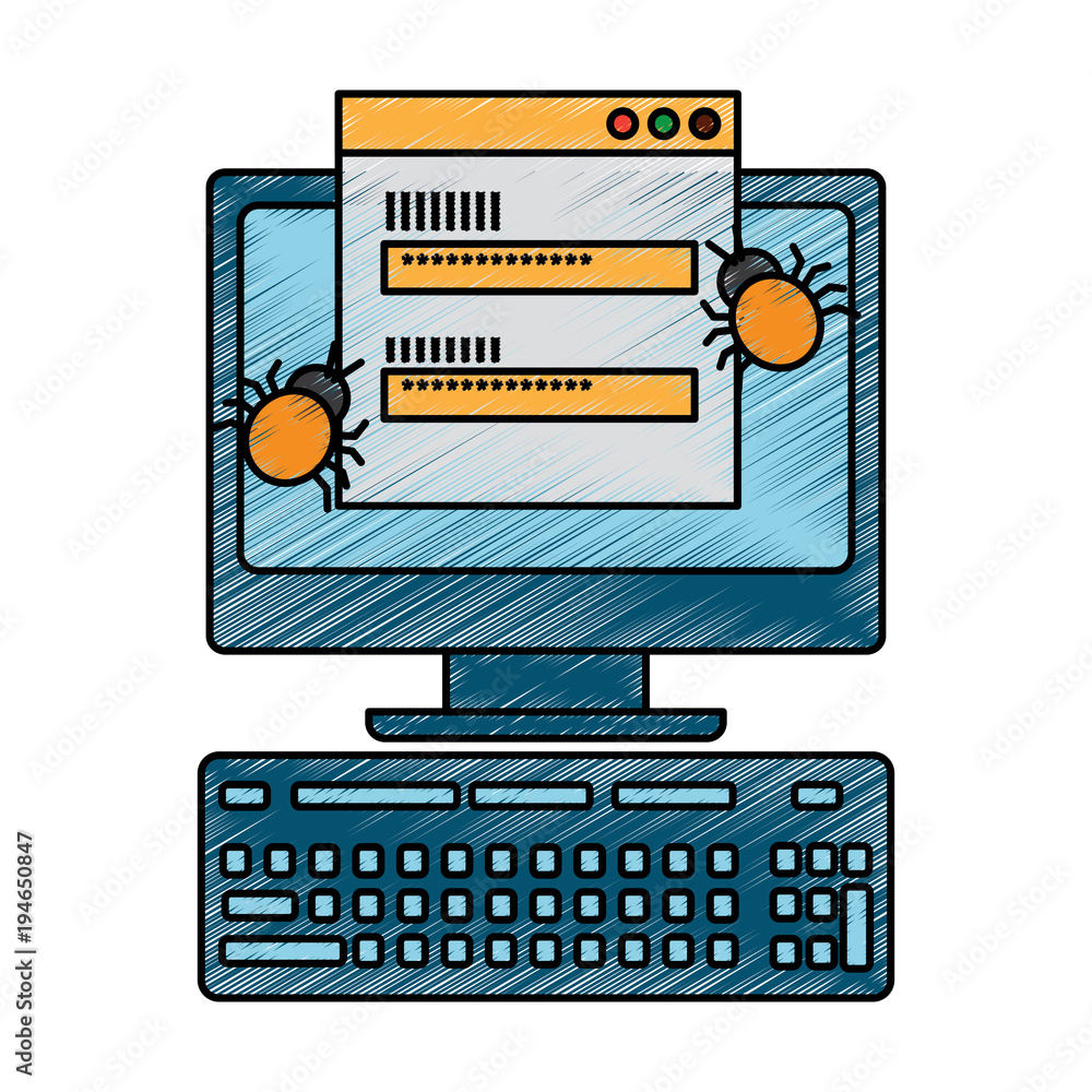 computer with login code virus attack vector illustration drawing design  Stock Vector | Adobe Stock