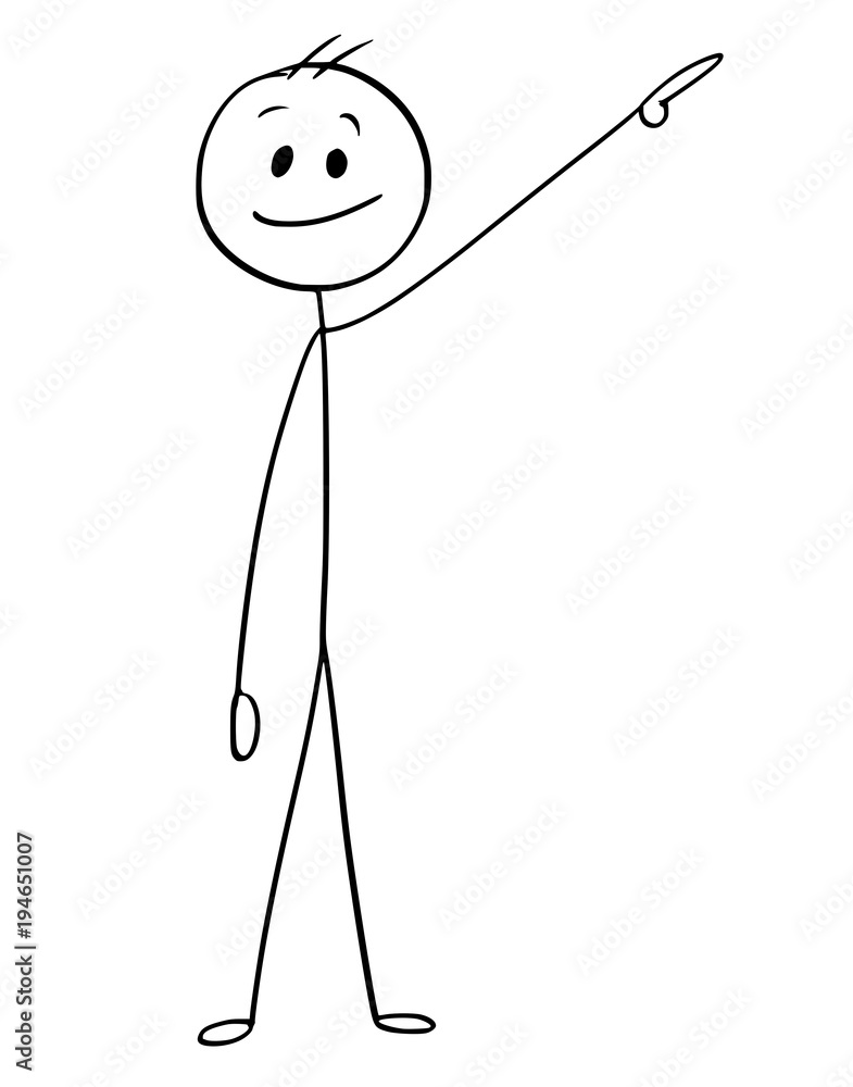 Cartoon stick man drawing conceptual illustration of businessman pointing  left and up or above him. Stock Vector | Adobe Stock