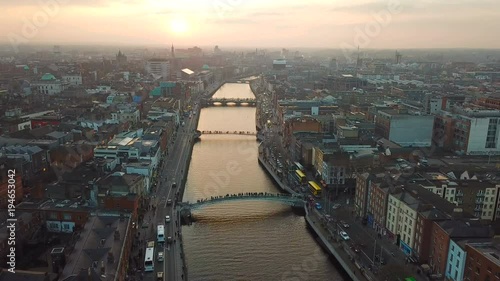 aerial view of city center of Dublin with river Liffey during sunset