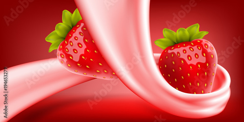 Strawberry in cream or yogurt swirl. Vector illustration for milk products and beverage design high quality art.