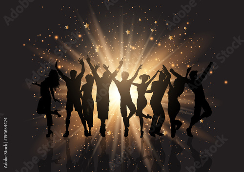 Party crowd on a starburst background