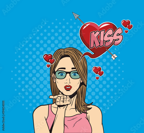 Woman giving a kiss pop art vector illustration graphic design
