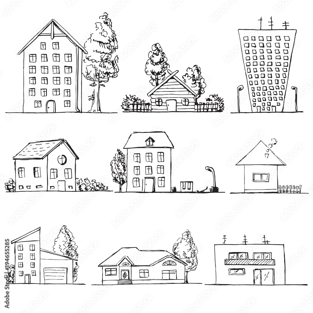Hand drawn set of different houses. Vector illustration in a sketch style. Hand drawn set of different houses. Vector illustration in a sketch style.