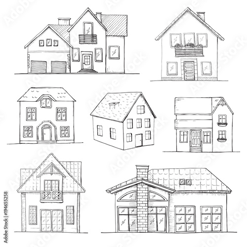 Hand drawn set of different houses. Vector illustration in a sketch style.