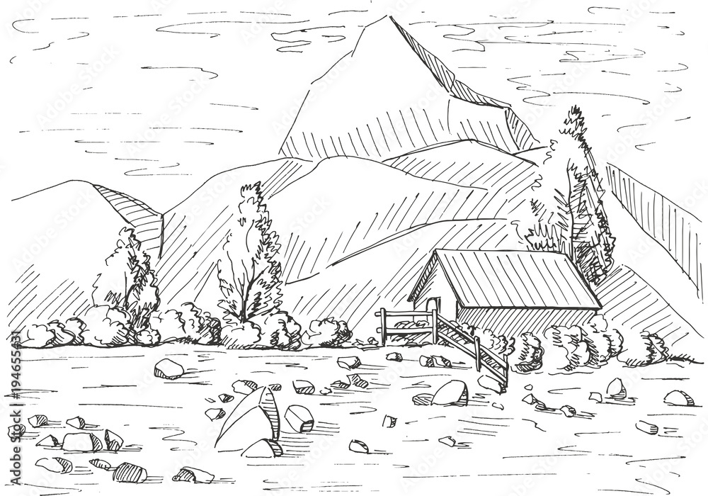 Fototapeta premium Hand drawn mountain landscape. House on a background of mountains. Vector illustration of a sketch style