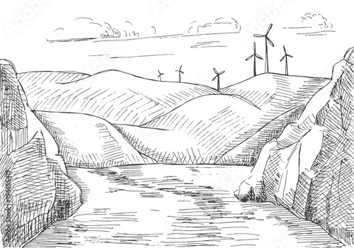 Hand drawn windmills against the background of mountains and water