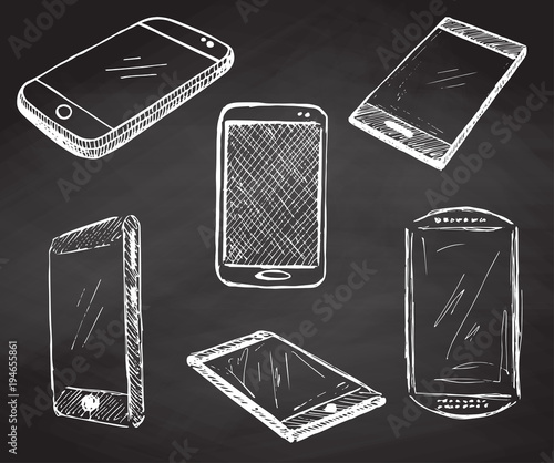 Sketch different phones, smartphones. Vector illustration