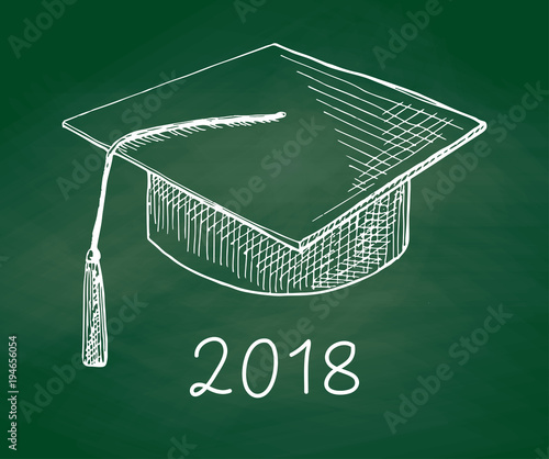Graduation Cap hand drawn on a green blackboard. Vector illustration of a sketch style