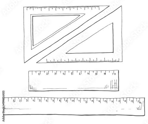 Hand drawn a set of rulers and triangles. Vector illustration of a sketch style