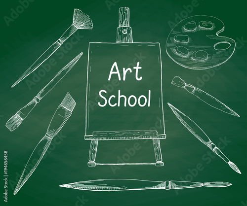 Hand drawn artwork on a green chalkboard. The inscription on the canvas Art school. Vector illustration of a sketch style