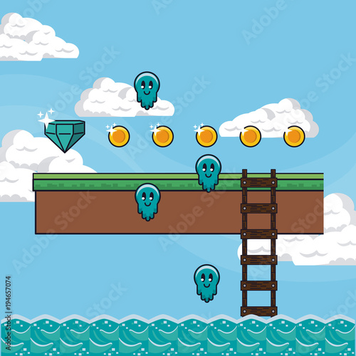 Pixelated game scenery vector illustration graphic design