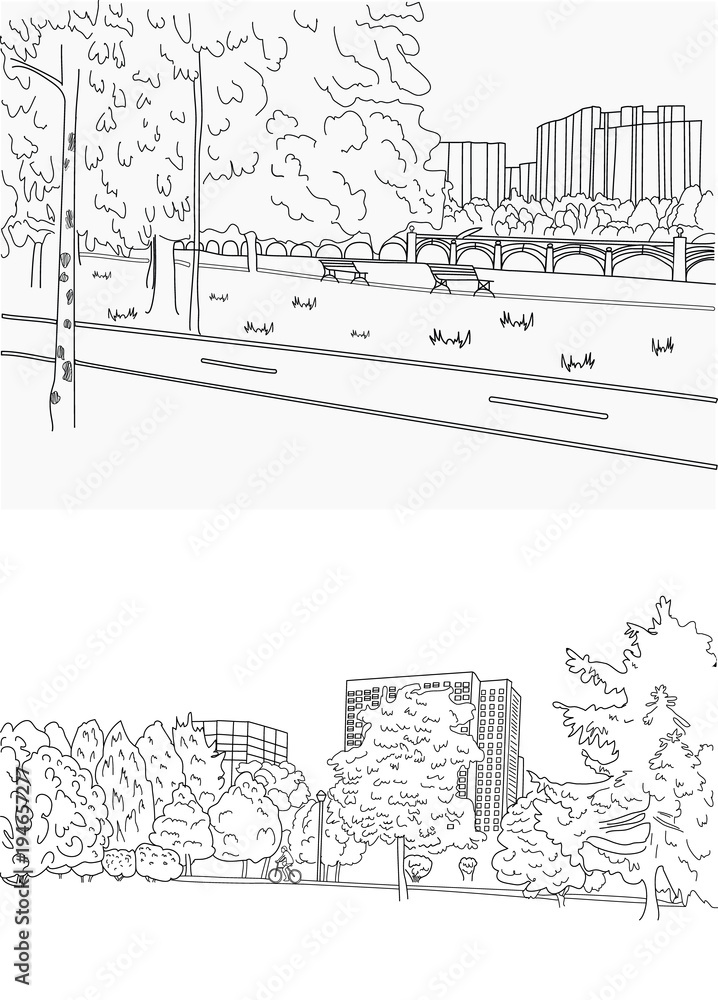 Park bike path and riding a bicycle graphic black white landscape line drawing