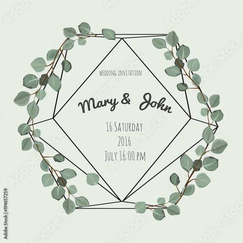 Vector floral design card with eucalyptus tree green leaves branch plant greenery. Frame border with copy space. photo