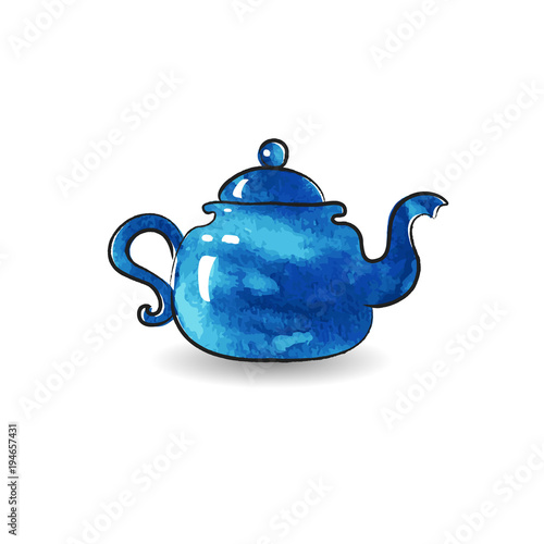Blue teapot watercolor illustration. 