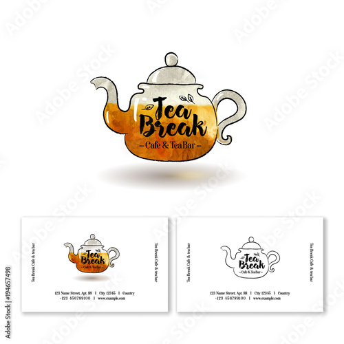 Tea break logo. Cafe and tea bar emblem. Identity. Business card. Glassy teapot with tea and letters.
