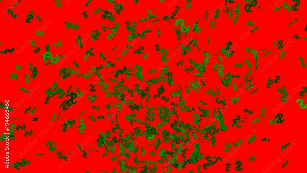 Animated a lot of shinning green dollar sign exploding and flying toward camera against red background. Animated a lot of shinning green dollar sign exploding and flying toward camera against red background.