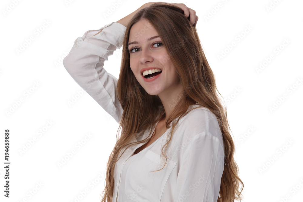 Portrait of happy smiling teenage girl student isolated od white backgroud Portrait of happy smiling teenage girl student isolated od white backgroud