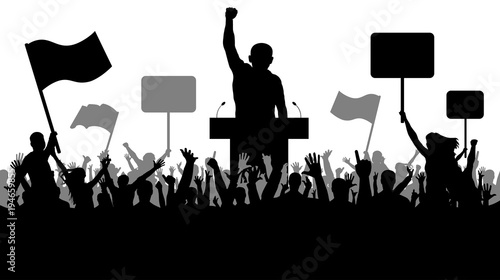 Crowd of people demonstrating silhouette. Oratory art, manifestation, politics, revolution,strike, takeover. People with banner, transparency, and flags