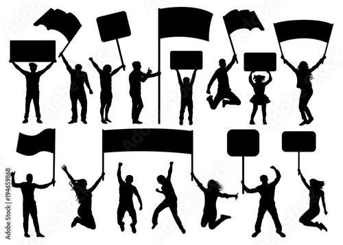 Crowd of people silhouette set. Banner, transparency, flag. Concert, sport, party, demonstration. Vector isolated on white background. A man and a woman in a jump