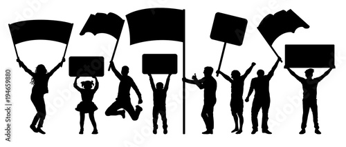Crowd of people silhouette set. Vector isolated on white background. A man and a woman in a jump. Banner, transparency, flag. Concert, sport, party, demonstration