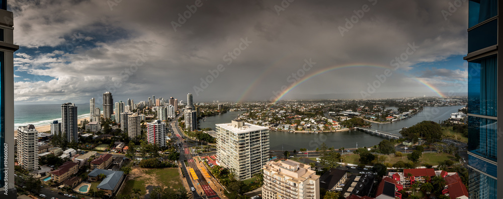 Obraz premium panoramic view of the Gold Coast looking south with a partial double rainbow