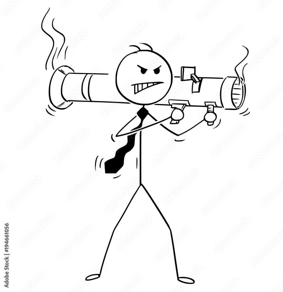 Cartoon stick man drawing conceptual illustration of angry businessman shooting from rocket launcher