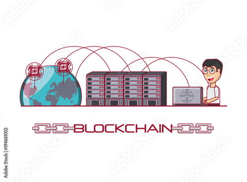 Blockchain design with cartoon man with a laptop and data servers over white background, colorful design vector illustration