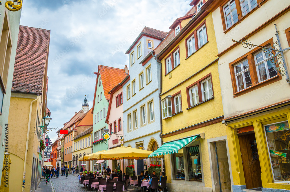 Beautiful streets in Rothenburg ob der Tauber with traditional German houses, Bavaria, Germany