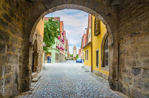 Fototapeta Naklejka Na Ścianę i Meble -  Beautiful streets in Rothenburg ob der Tauber with traditional German houses, Bavaria, Germany