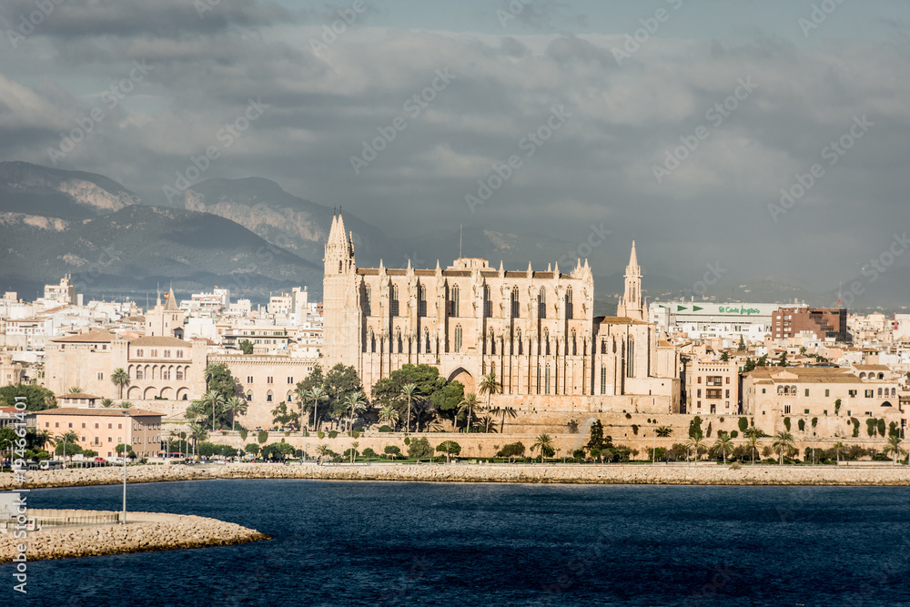 Panoramic view of La Seu, the gothic medieval cathedral of Palma de Mallorca, Spain