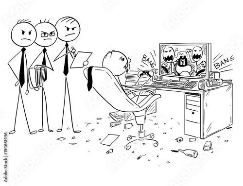 Cartoon stick man drawing conceptual illustration of businessman drinking, smoking cigarette and playing computer game at work. Three managers or management