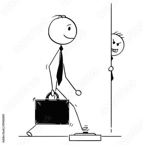 Cartoon stick man drawing conceptual illustration of successful businessman walking and step on land mine on the ground. Business concept of competition and trap.