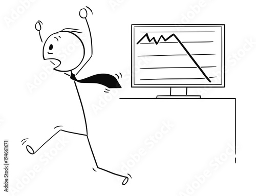 Cartoon stick man drawing conceptual illustration of scared businessman running in panic scared by low profit or price chart. Business concept of sensitive market and crisis.