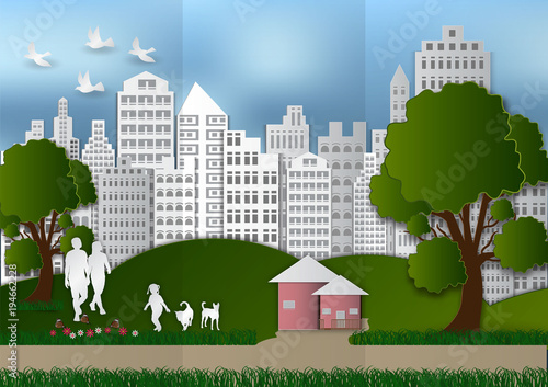 Paper art of people and pets with city and tree on green background ecology idea, vector illustration