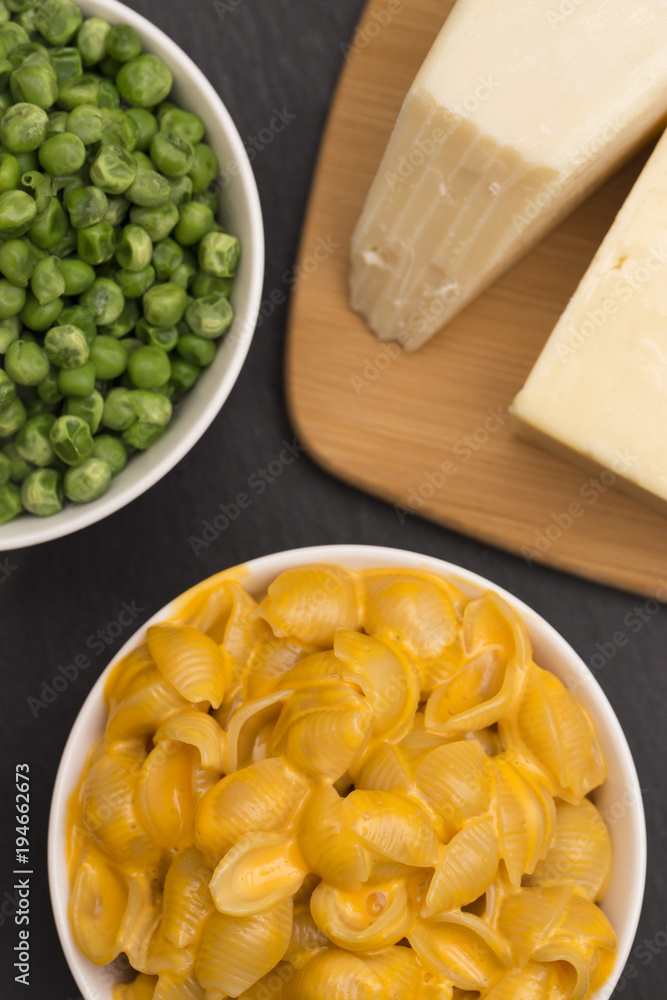 Macaroni Shells and Cheese on a Dark Slate Background