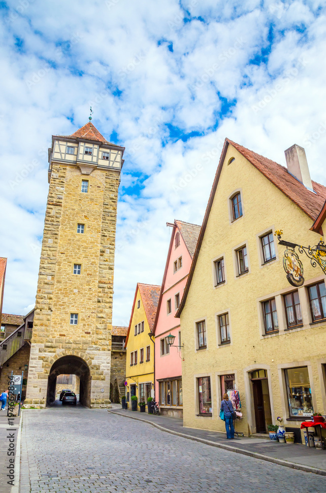 Beautiful streets in Rothenburg ob der Tauber with traditional German houses, Bavaria, Germany