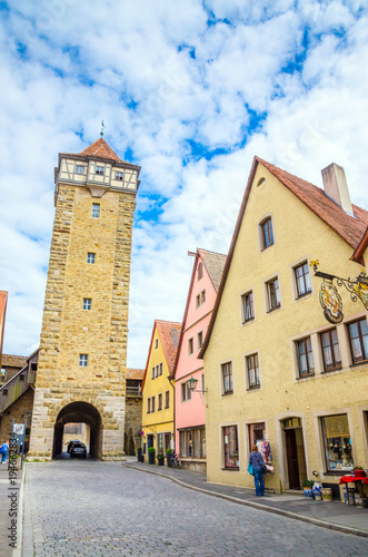 Beautiful streets in Rothenburg ob der Tauber with traditional German houses, Bavaria, Germany