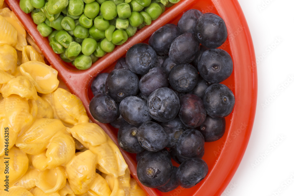 Child's Meal of Macoroni Shells and Cheese, Peas and Blueberries - A healthy and balanced meal Child's Meal of Macoroni Shells and Cheese, Peas and Blueberries - A healthy and balanced meal