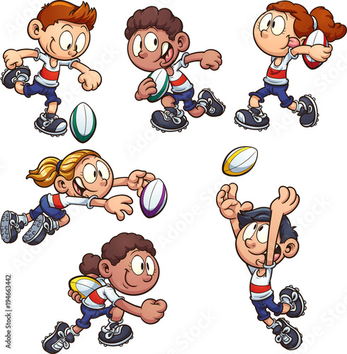 Cartoon kids playing rugby. Vector clip art illustration with simple gradients. Each on a separate layer.