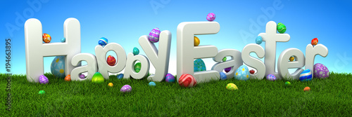 Happy Easter text with colorful eggs on green grass with blue sky - 3d render
